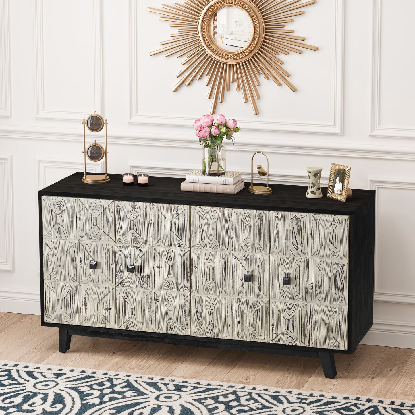 59.84" 4 Doors Vintage Sideboard, white and black