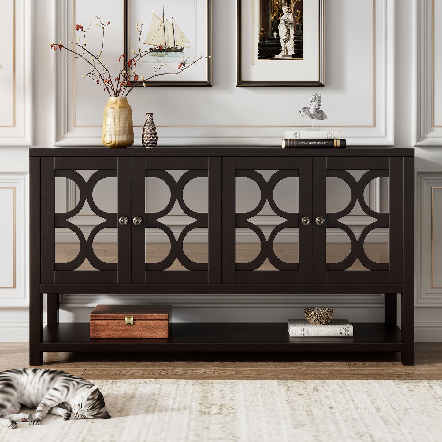 Retro Console Table/Storage Cabinet with Mirrored Doors,Espresso