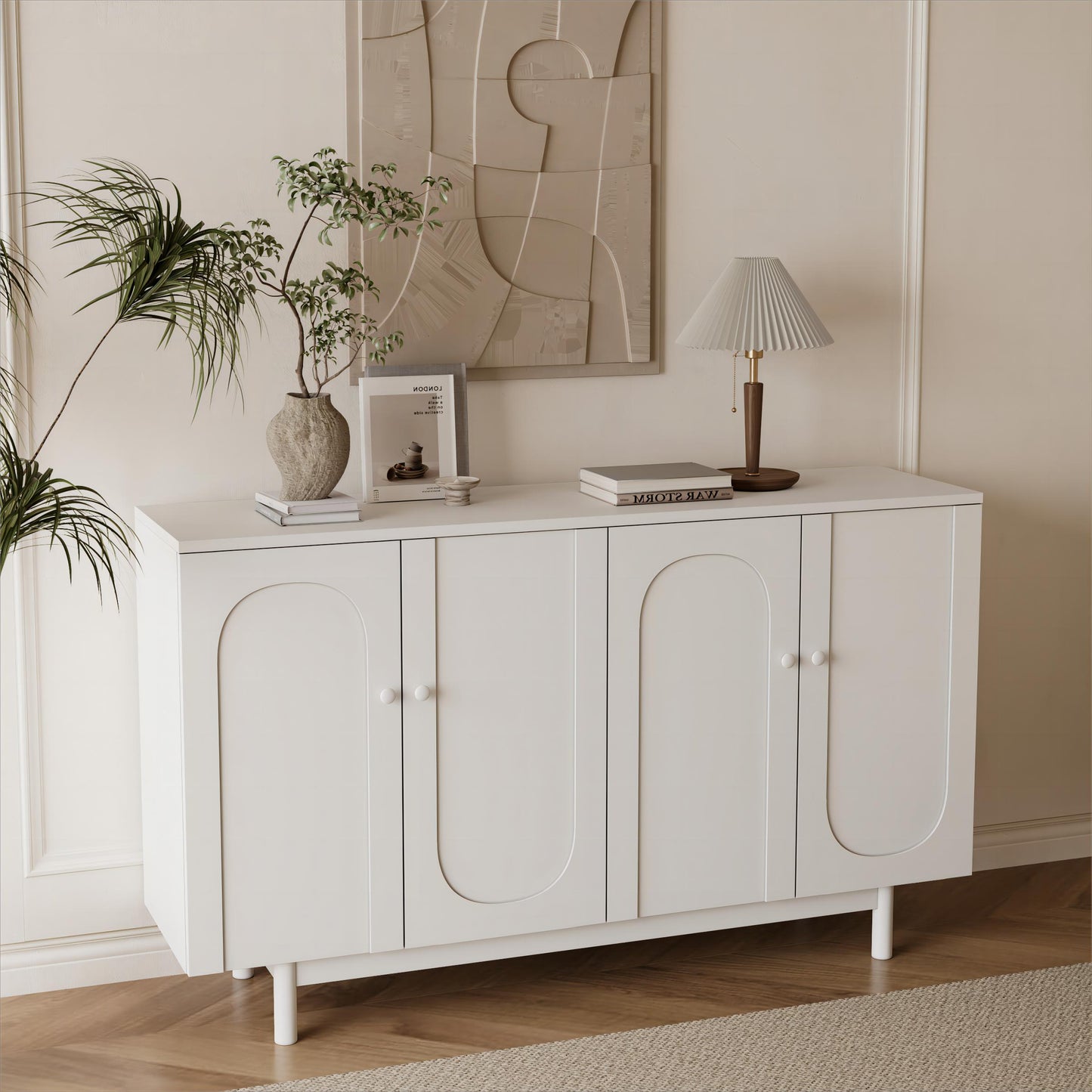 Stylish and Functional 4-Door Intaglio Storage Cabinet,White