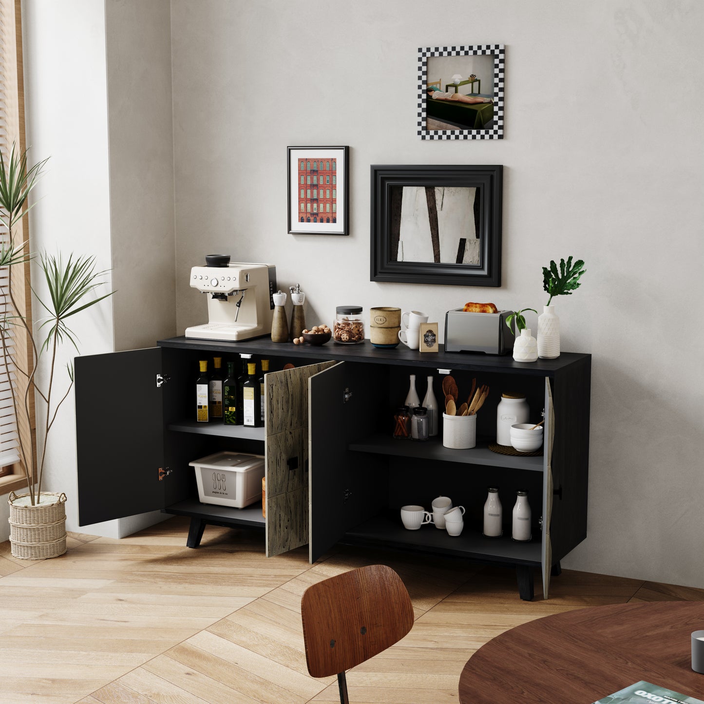 59.84" 4 Doors Vintage Sideboard, white and black