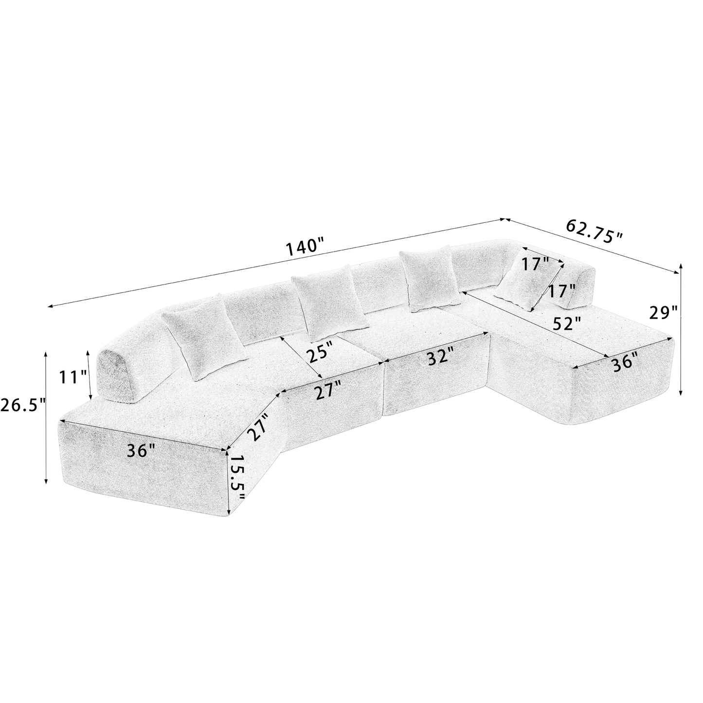 140" L-Shape Modern Minimalist.sectional Couch , 4 Seats,White