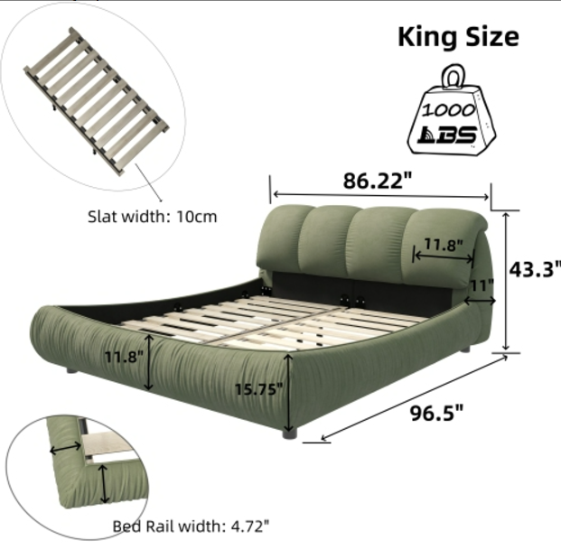 Queen Size Upholstered Platform Bed with Oversized Padded Backrest ,Green