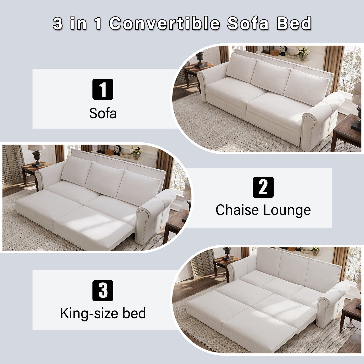 93.7" King Pull Out Sofa Bed, 3-in-1 Velvet,Beige