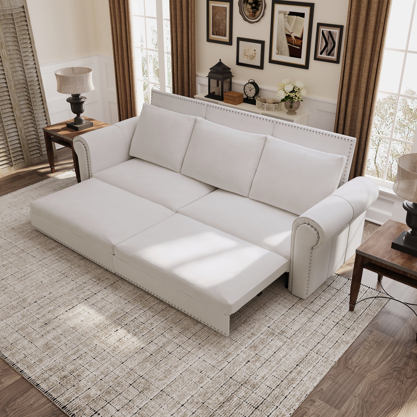 93.7" King Pull Out Sofa Bed, 3-in-1 Velvet,Beige