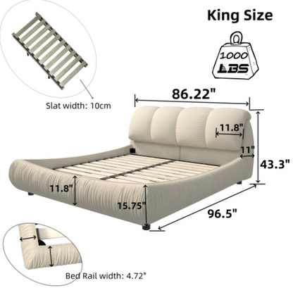 Luxury Upholstered Platform Bed with Oversized Padded Backrest ,Berige