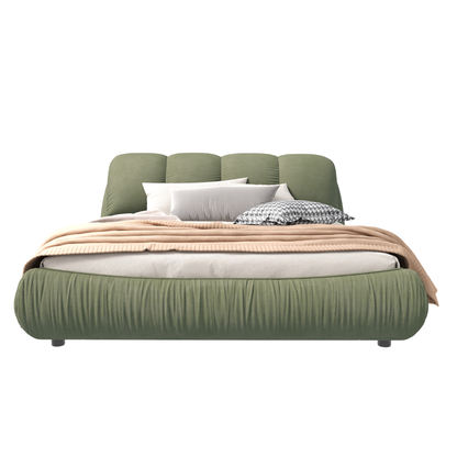 Queen Size Upholstered Platform Bed with Oversized Padded Backrest ,Green