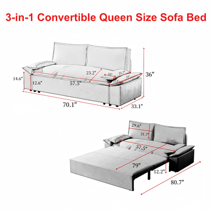 70.1" Queen Pull Out Sofa Bed, 3-in-1 Convertible Sleeper Sofa, Grey