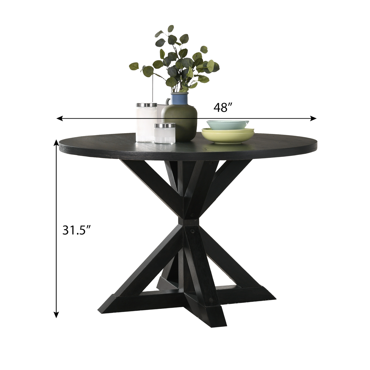 5-Piece Dining Set in Black, Solid Wood Round Table