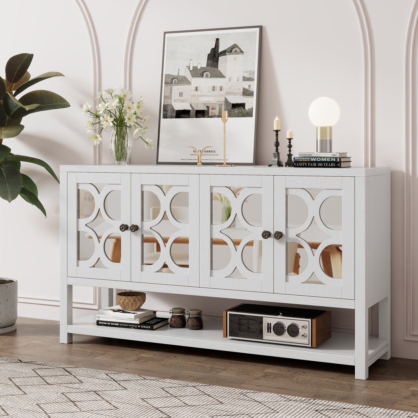 Retro Console Table/Storage Cabinet/Sideboard with Mirrored Doors,White