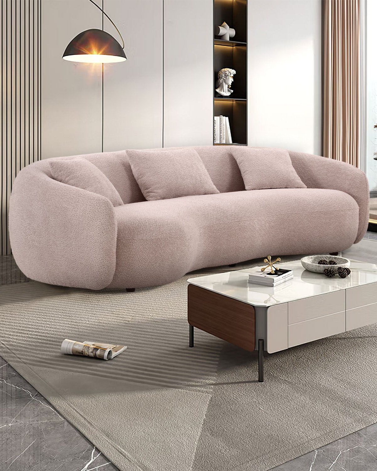 93.6'' Mid Century Modern Curved Living Room Sofa, Baby Pink