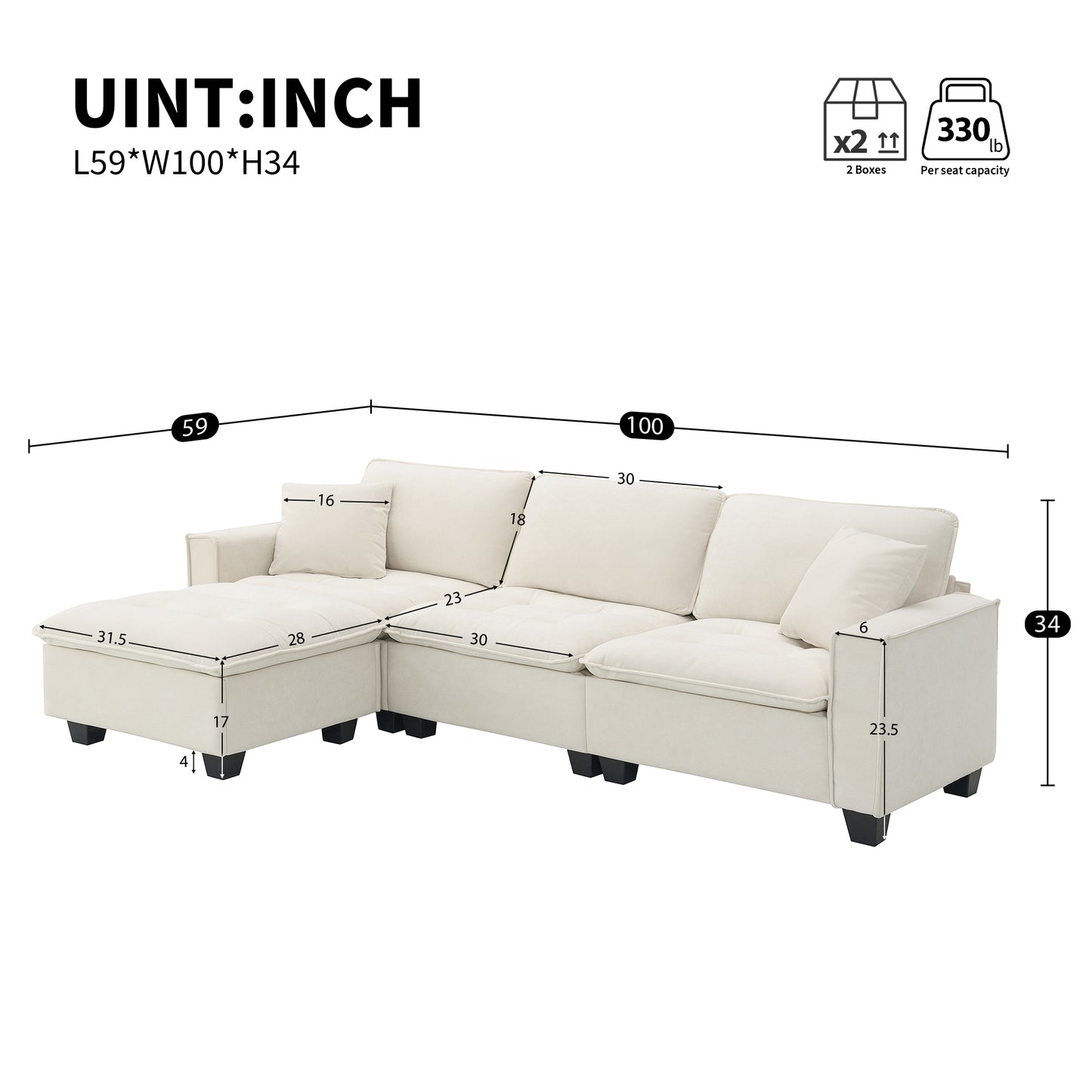 100*59" Modern Convertible Sectional Sofa,L-shaped ,Beige