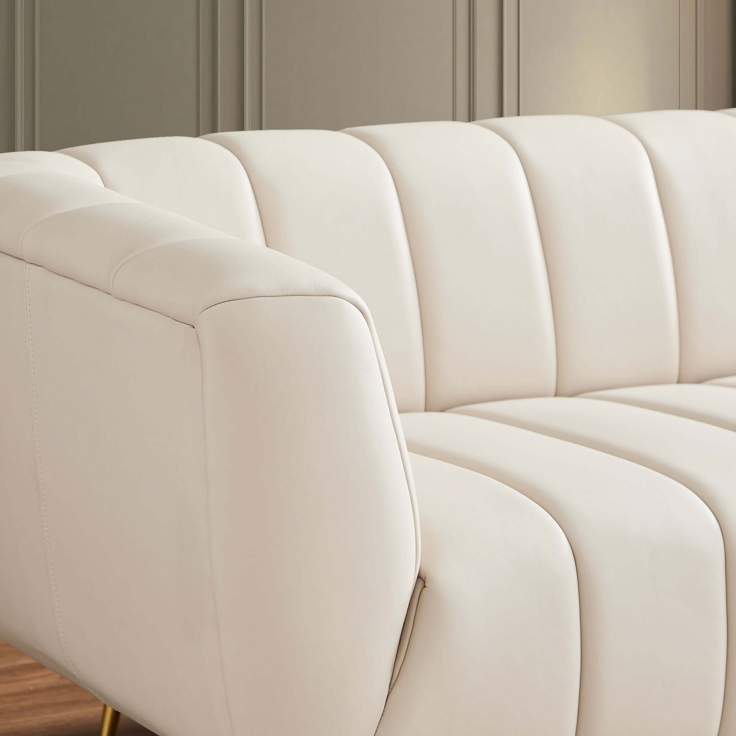 Italian Beige Leather Channel Tufted Sofa