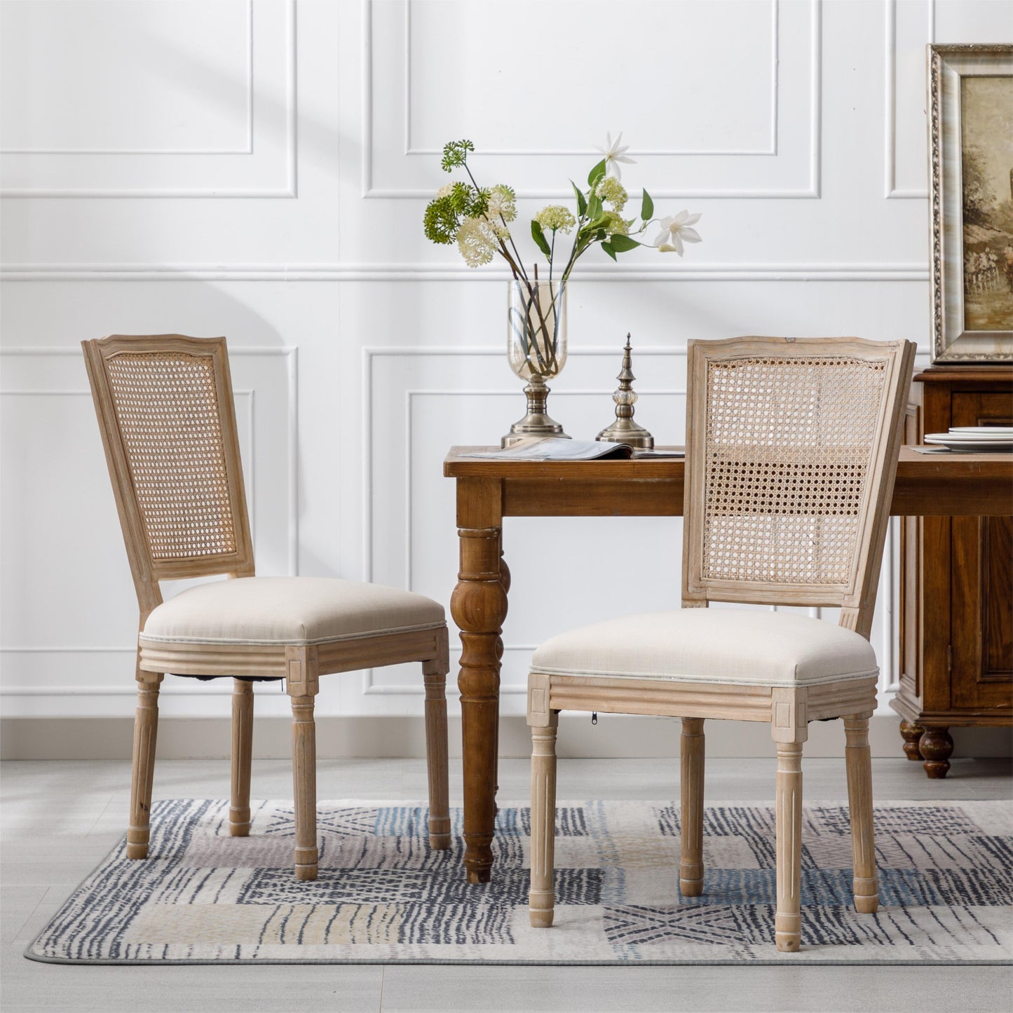 French Style Solid Wood Frame Linen Dining Chair,Set of 2,Cream