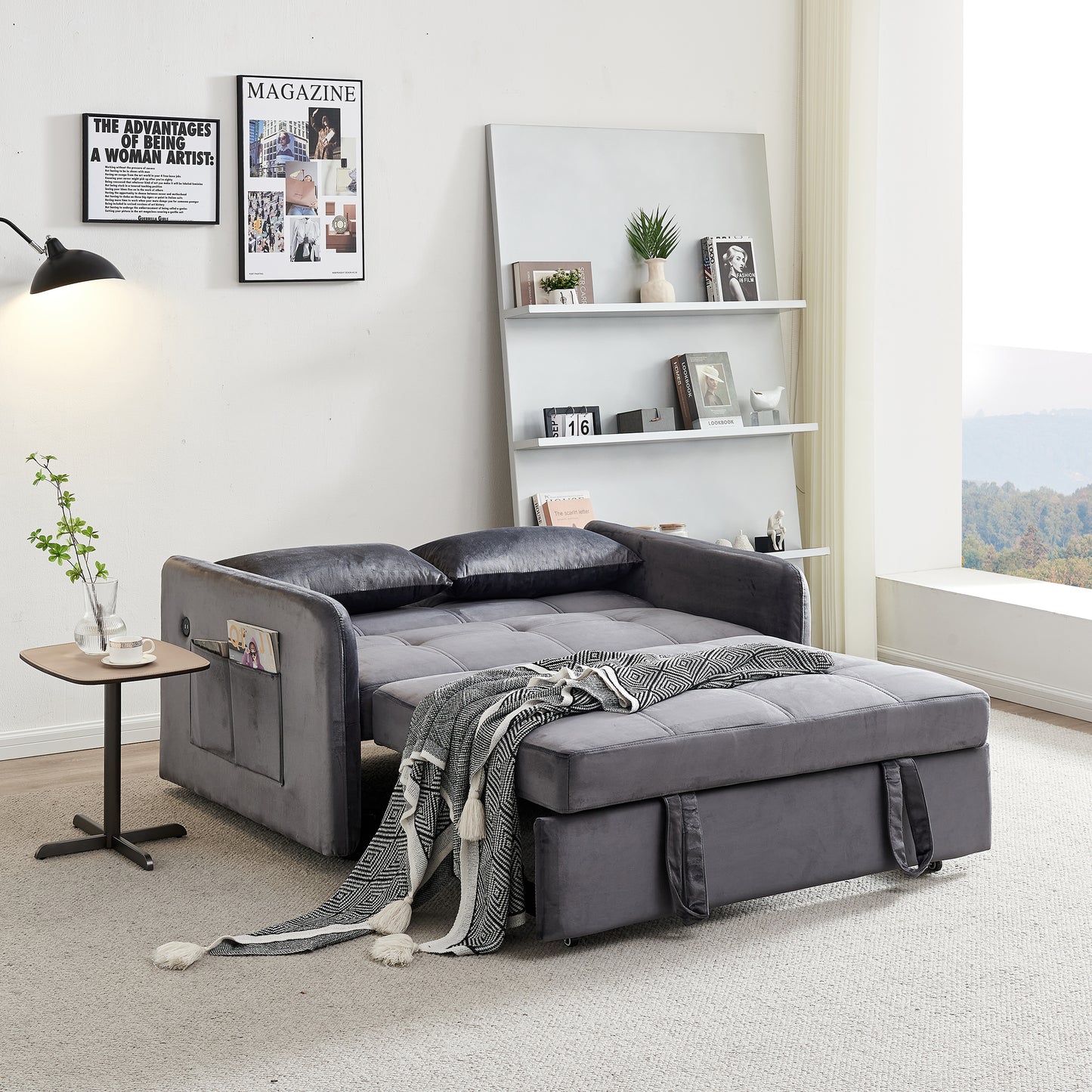 55.5" Twins Pull Out Sofa Bed Velvet , Grey