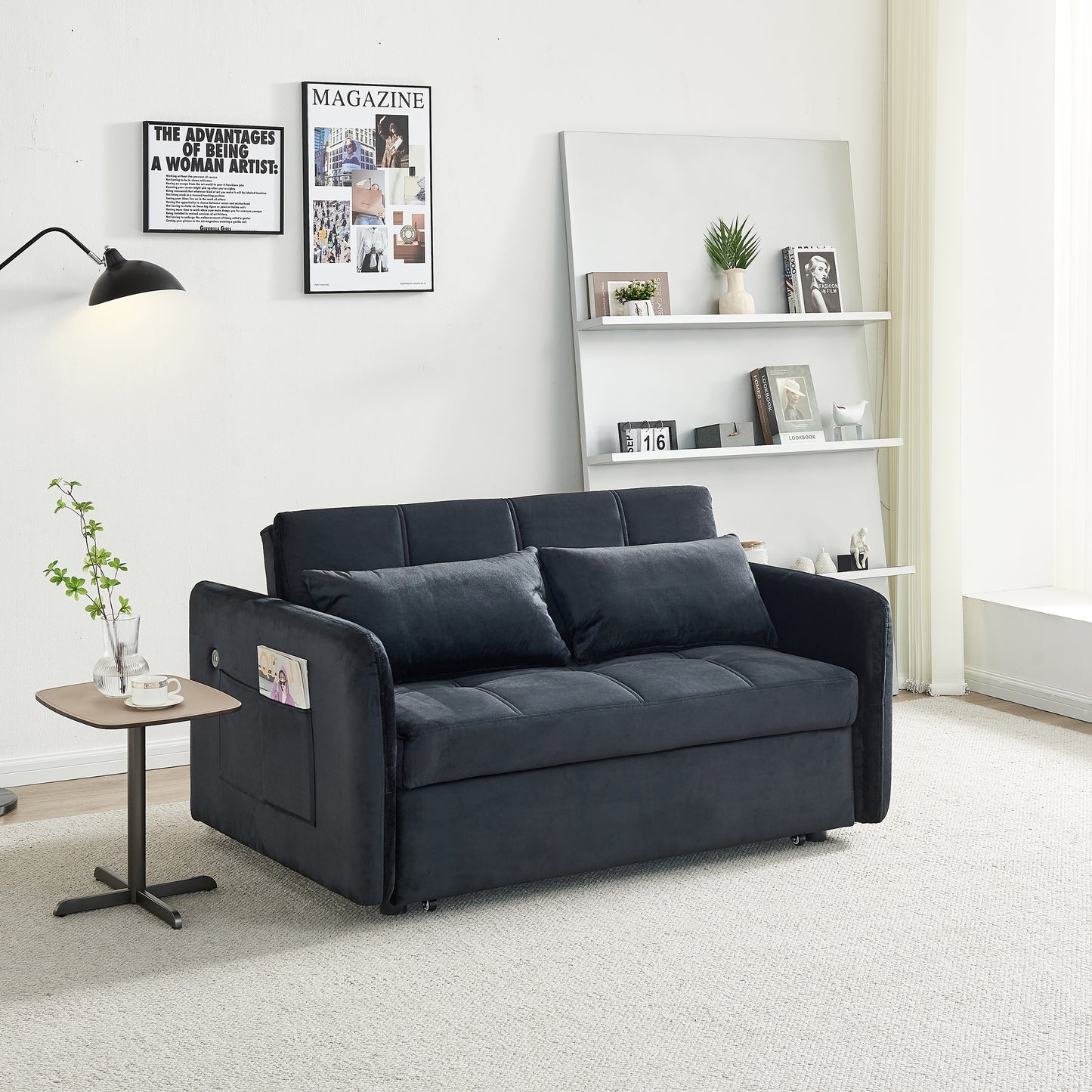 55.5" Twins Pull Out Sofa Bed Velvet , Dark