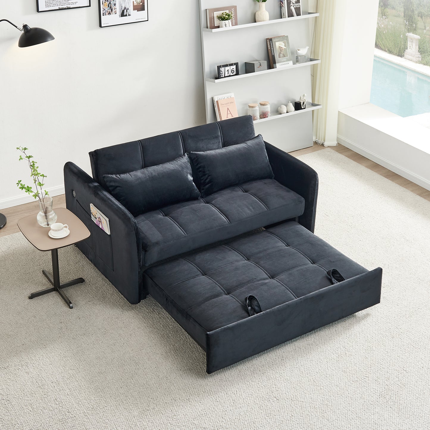 55.5" Twins Pull Out Sofa Bed Velvet , Dark