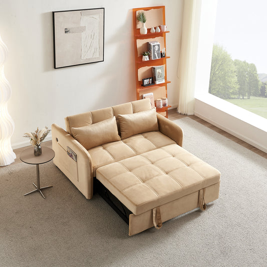 55.5" Twins Pull Out Sofa Bed Velvet ,Khaki