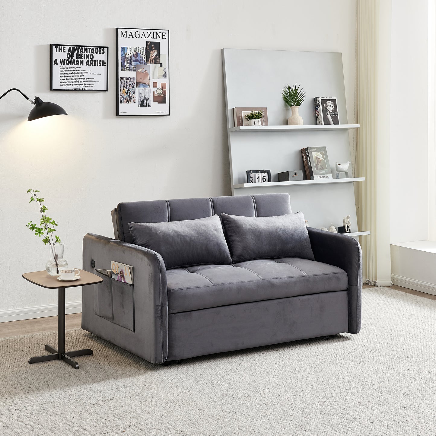 55.5" Twins Pull Out Sofa Bed Velvet , Grey