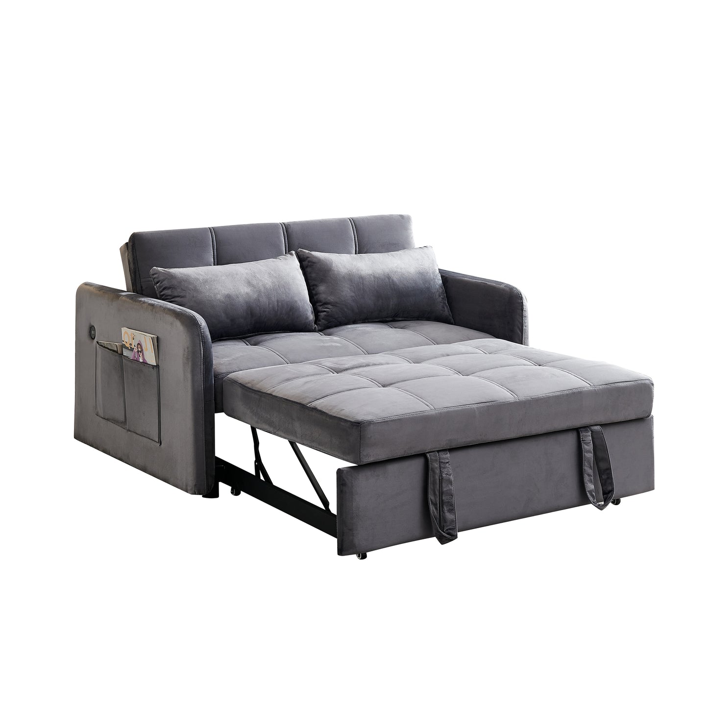 55.5" Twins Pull Out Sofa Bed Velvet , Grey