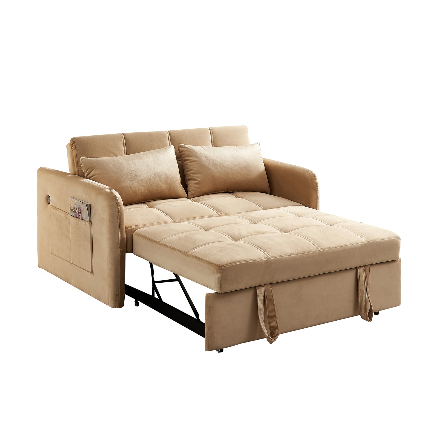 55.5" Twins Pull Out Sofa Bed Velvet ,Khaki