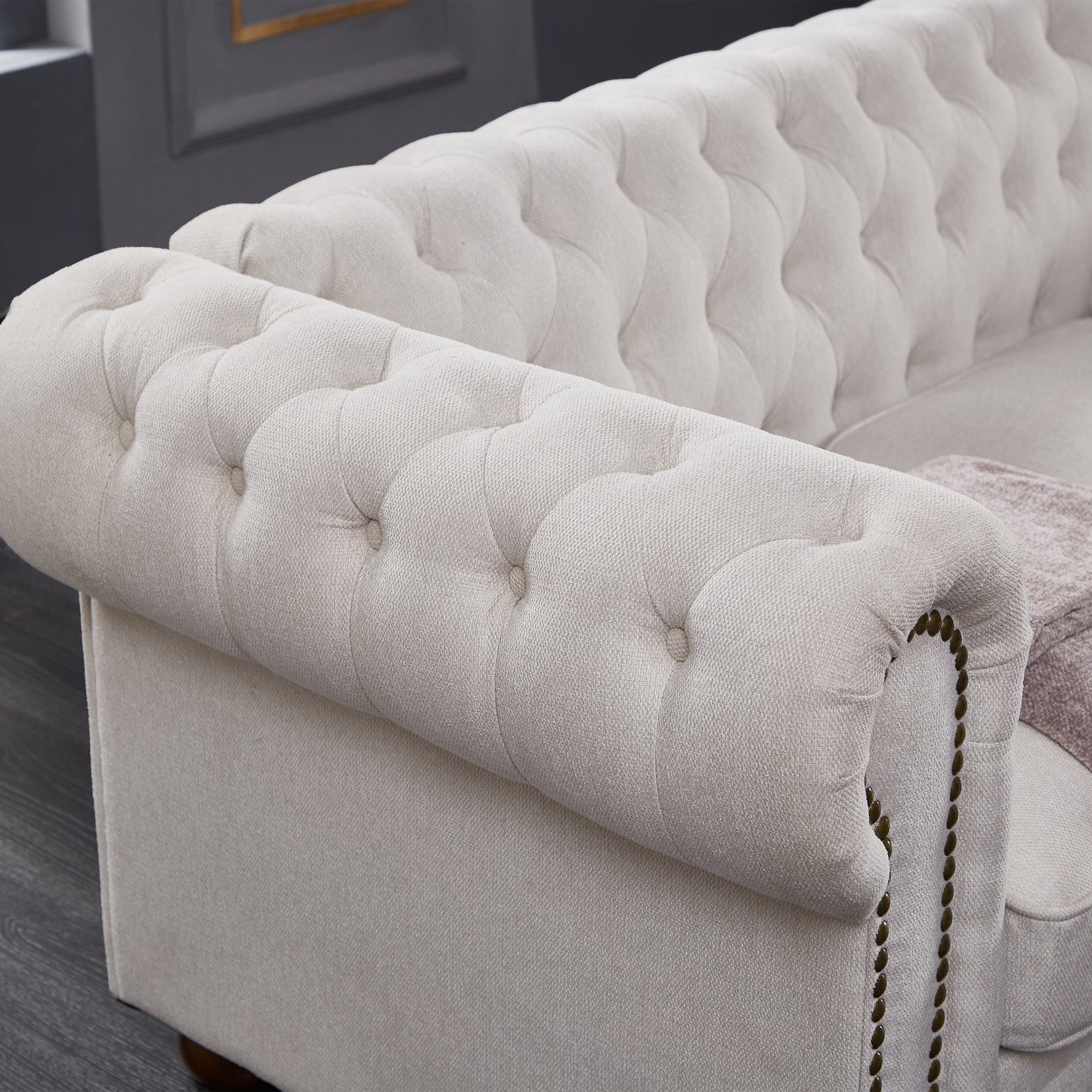 Chesterfield sofa beige linen fabric, Beige