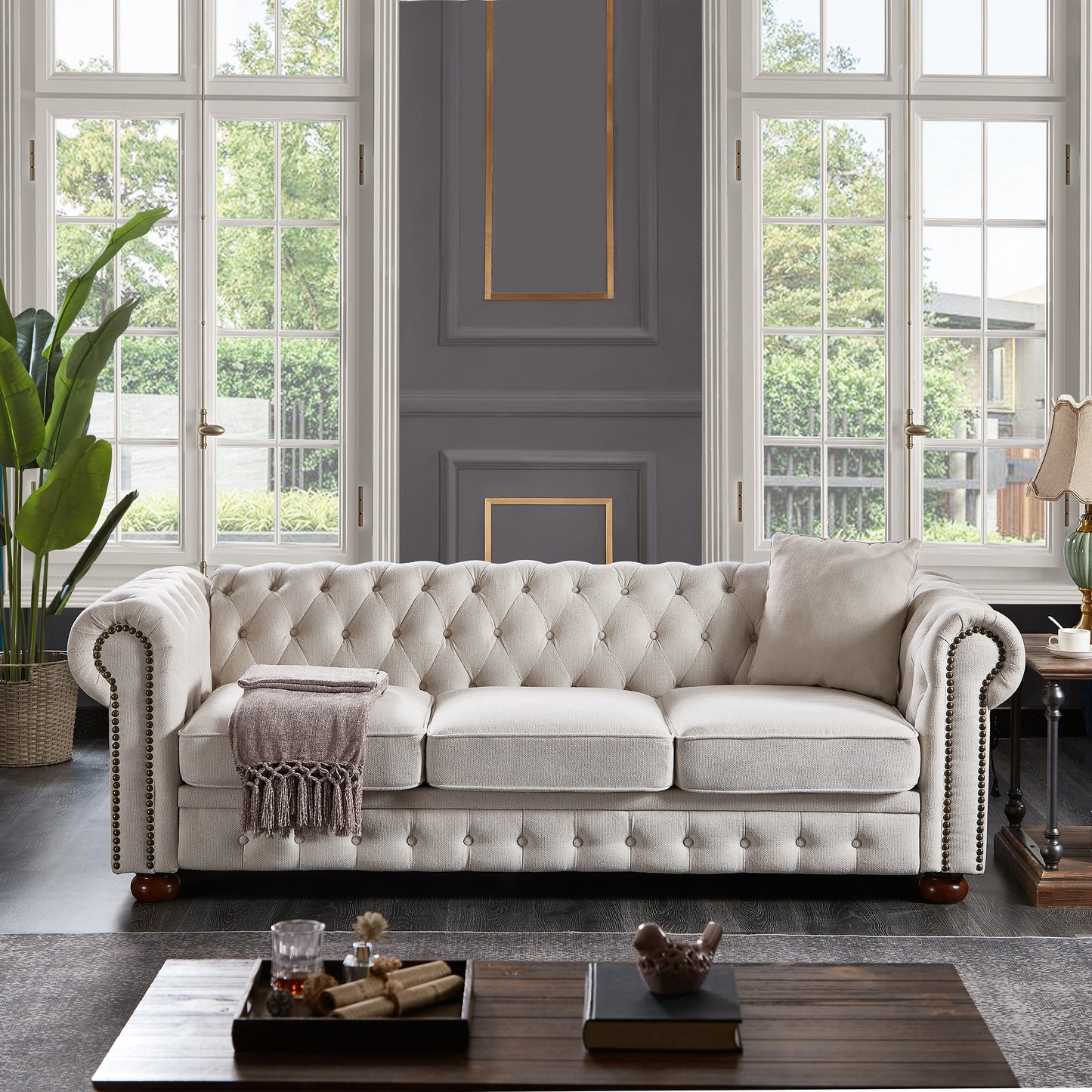 Chesterfield sofa beige linen fabric, Beige