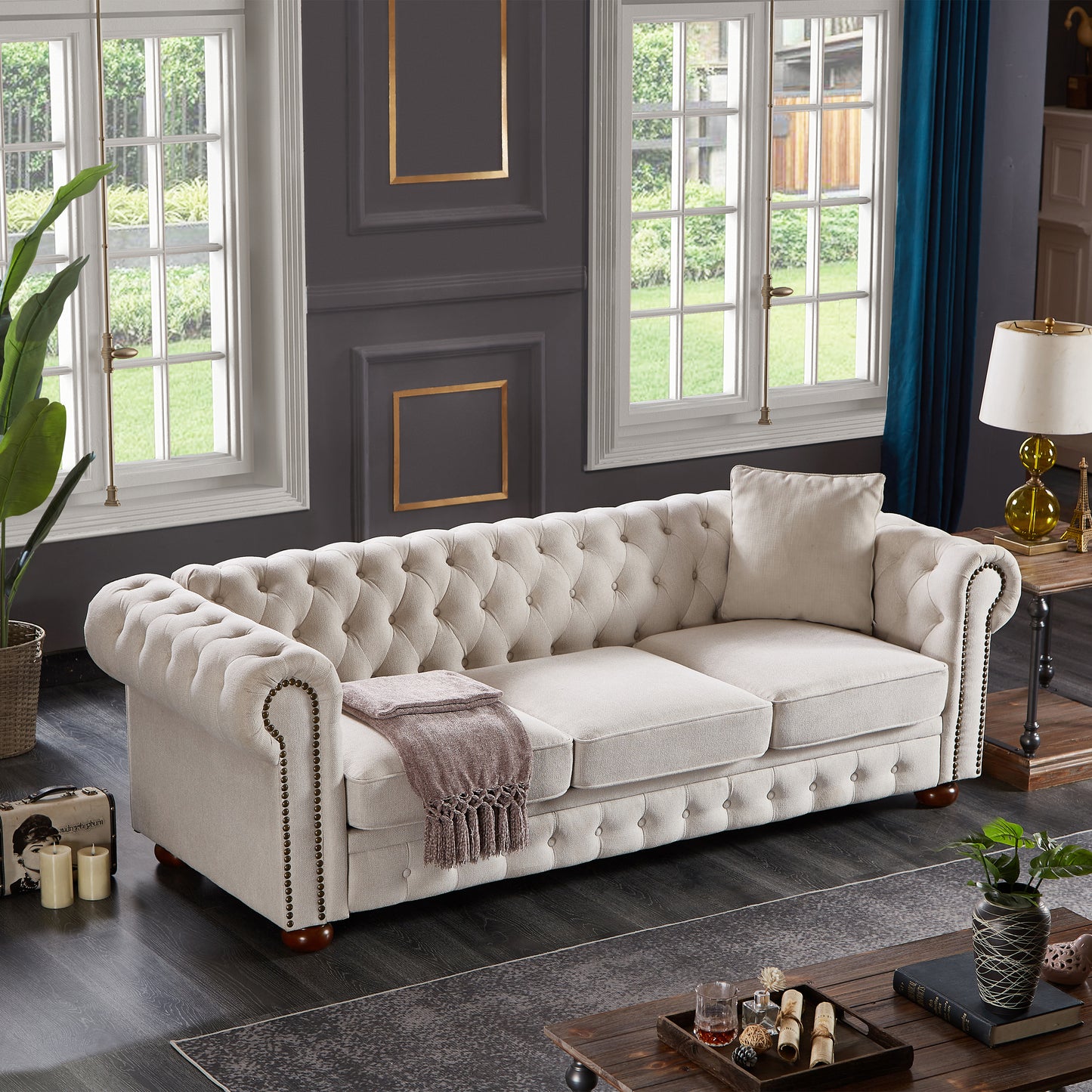 Chesterfield sofa beige linen fabric, Beige