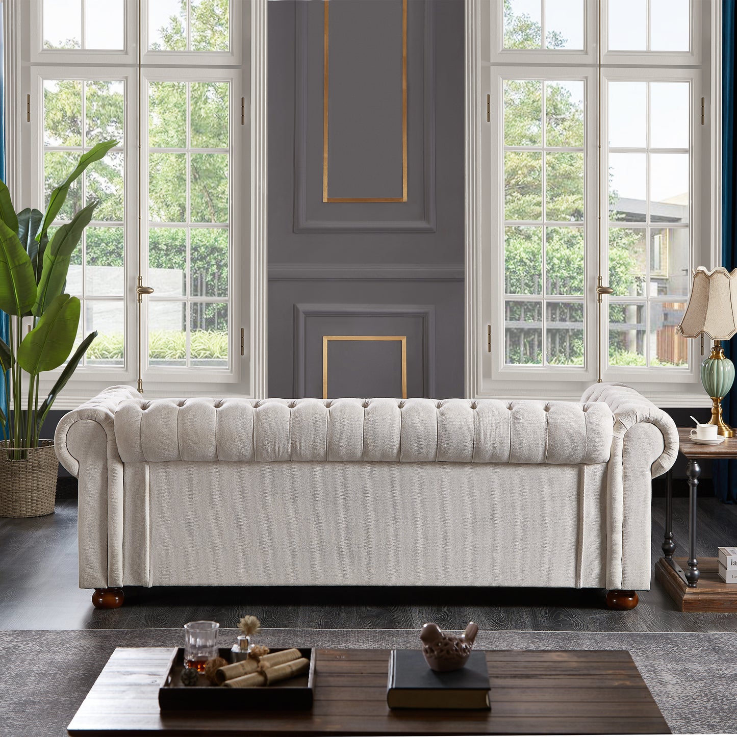 Chesterfield sofa beige linen fabric, Beige