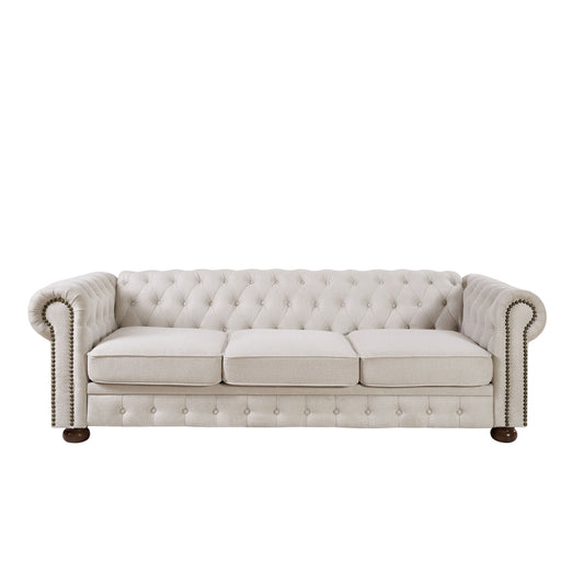 Chesterfield sofa beige linen fabric, Beige