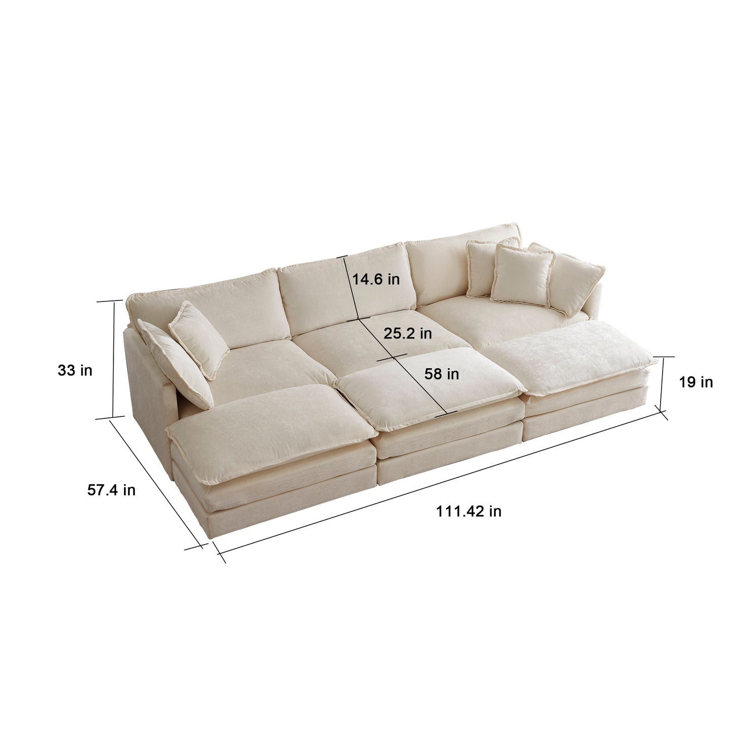 6 Seater Sectional  U Shaped  Couch with 3 Ottomans, Beige