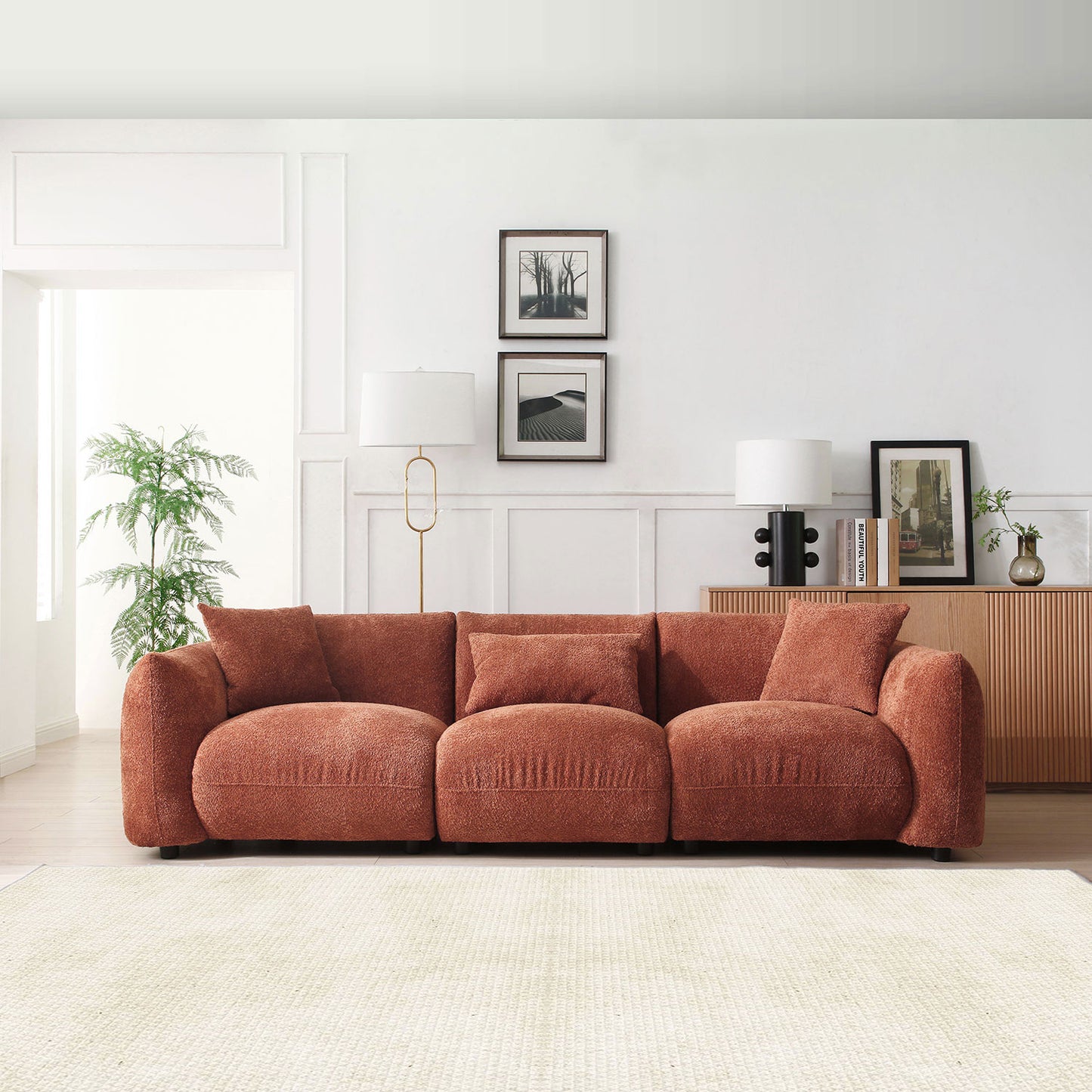 Mid Century Modern Couch 3-Seater Sofa for Livingroom, Orange