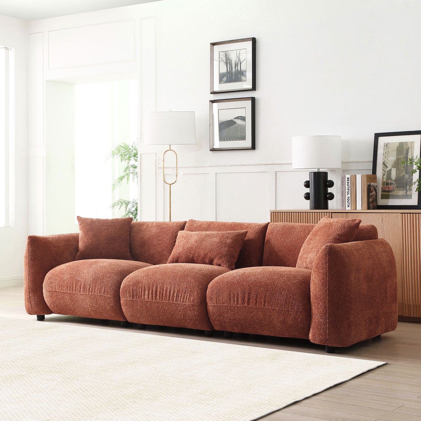 Mid Century Modern Couch 3-Seater Sofa for Livingroom, Orange