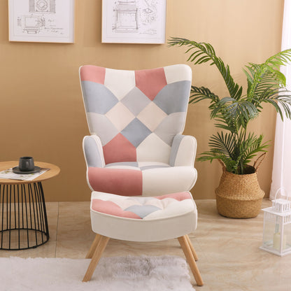 Accent Chair with Ottoman, Creative Splicing Cloth Surface,Pink