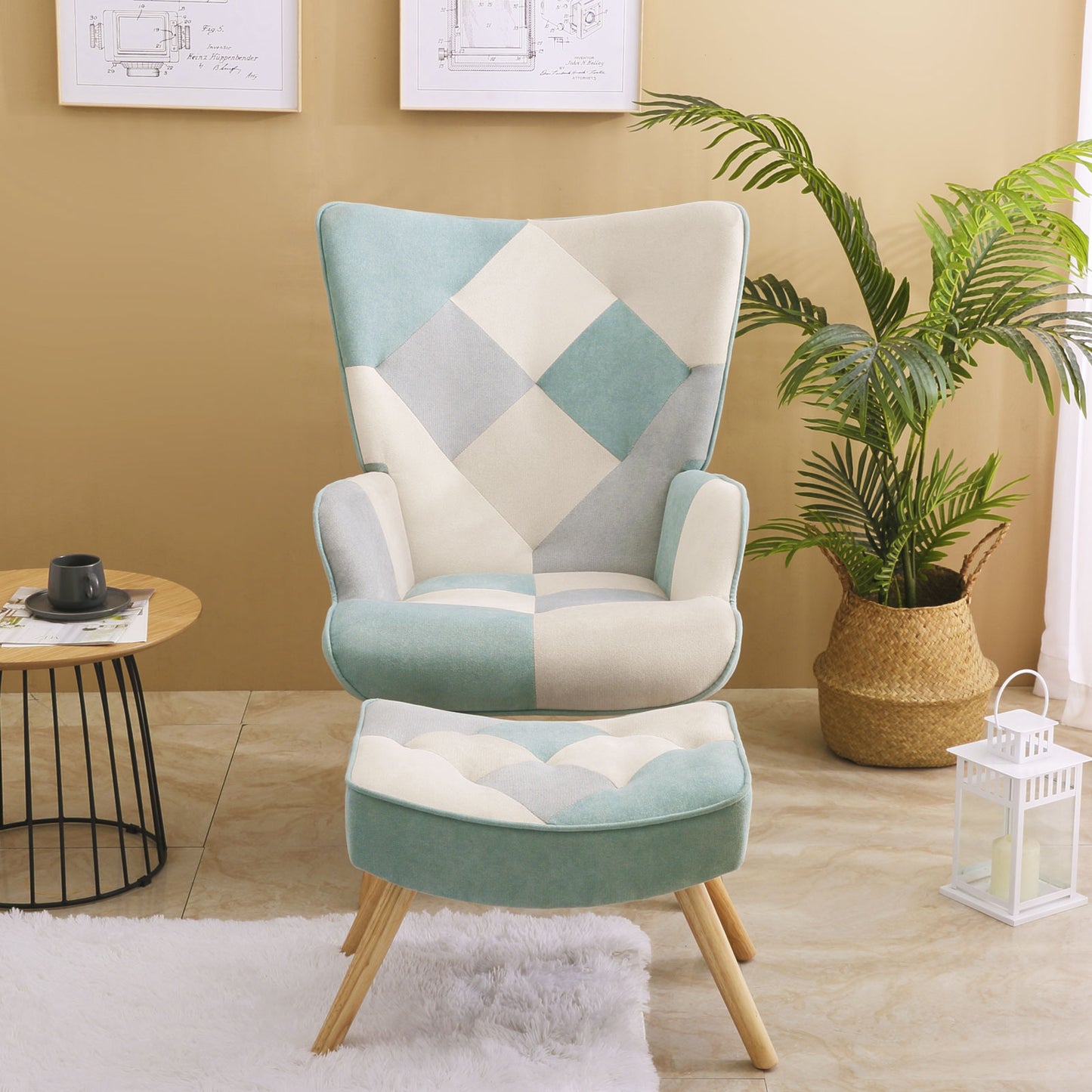 Accent Chair with Ottoman, Creative Splicing Cloth Surface, Blue