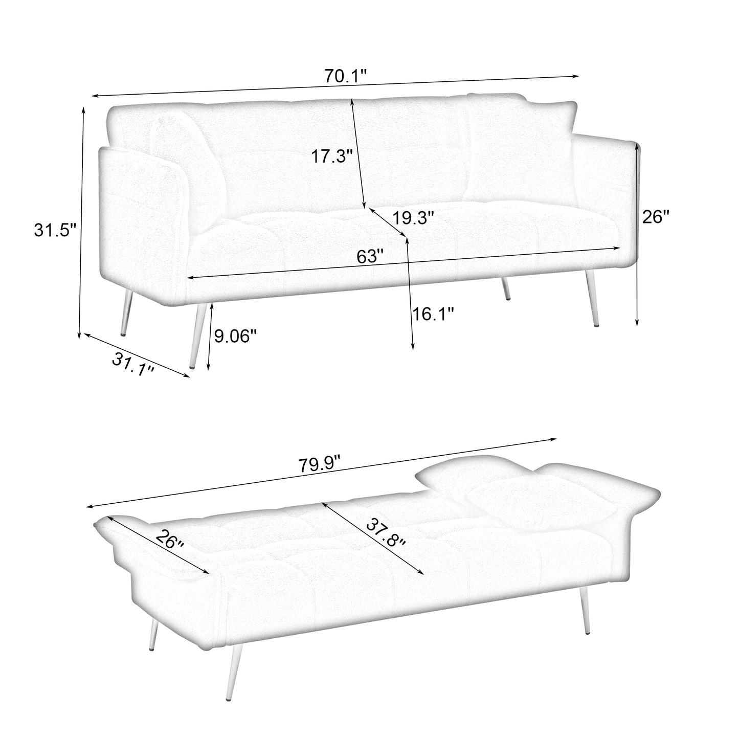 70.1 "futon sofa bed, convertible double sofa bed , Green