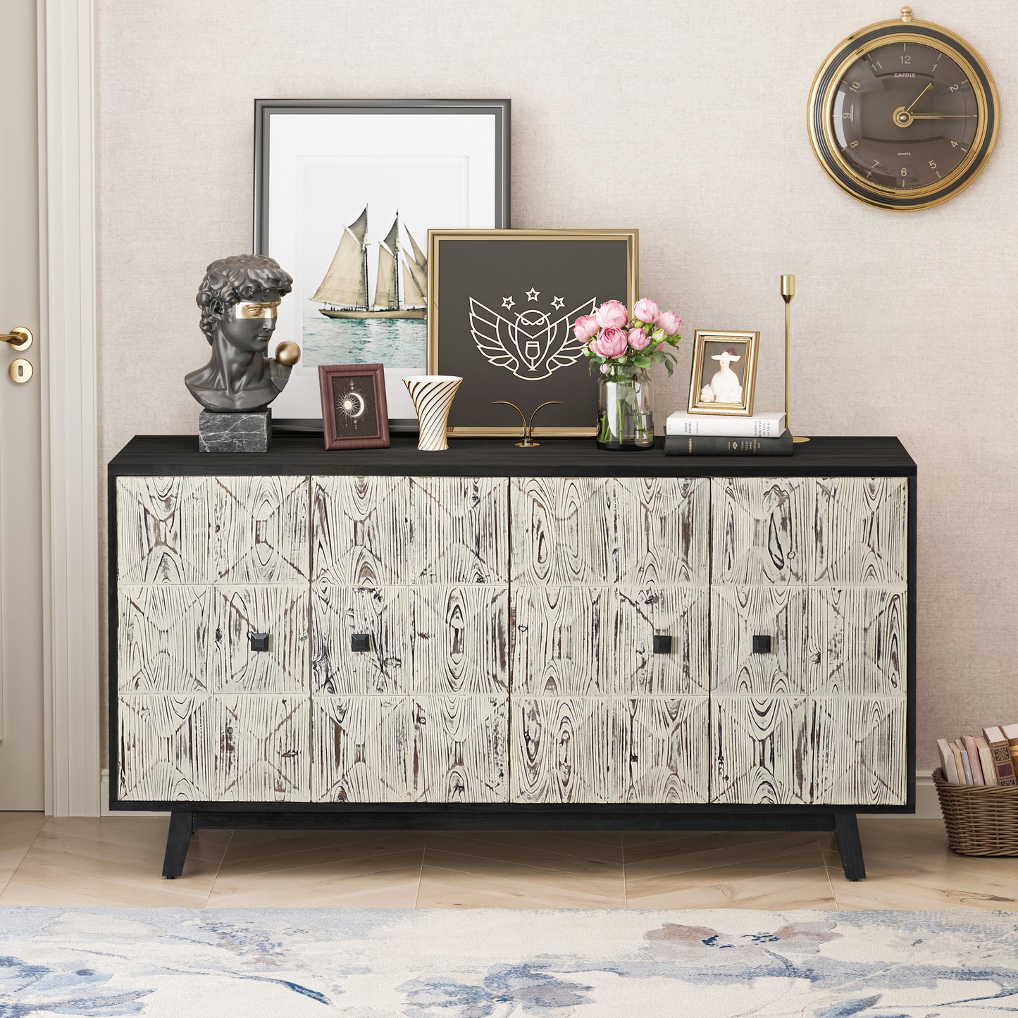 59.84" 4 Doors Vintage Sideboard， white and black