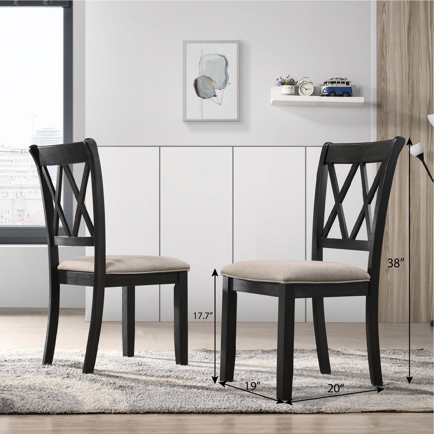 5-Piece Dining Set in Black, Solid Wood Round Table