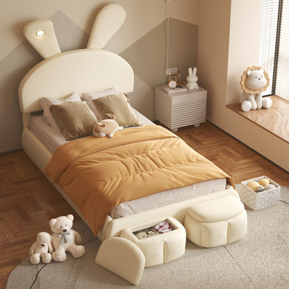 Twin Size Bed with Cartoon Ears Shaped Headboard and Light, Beige