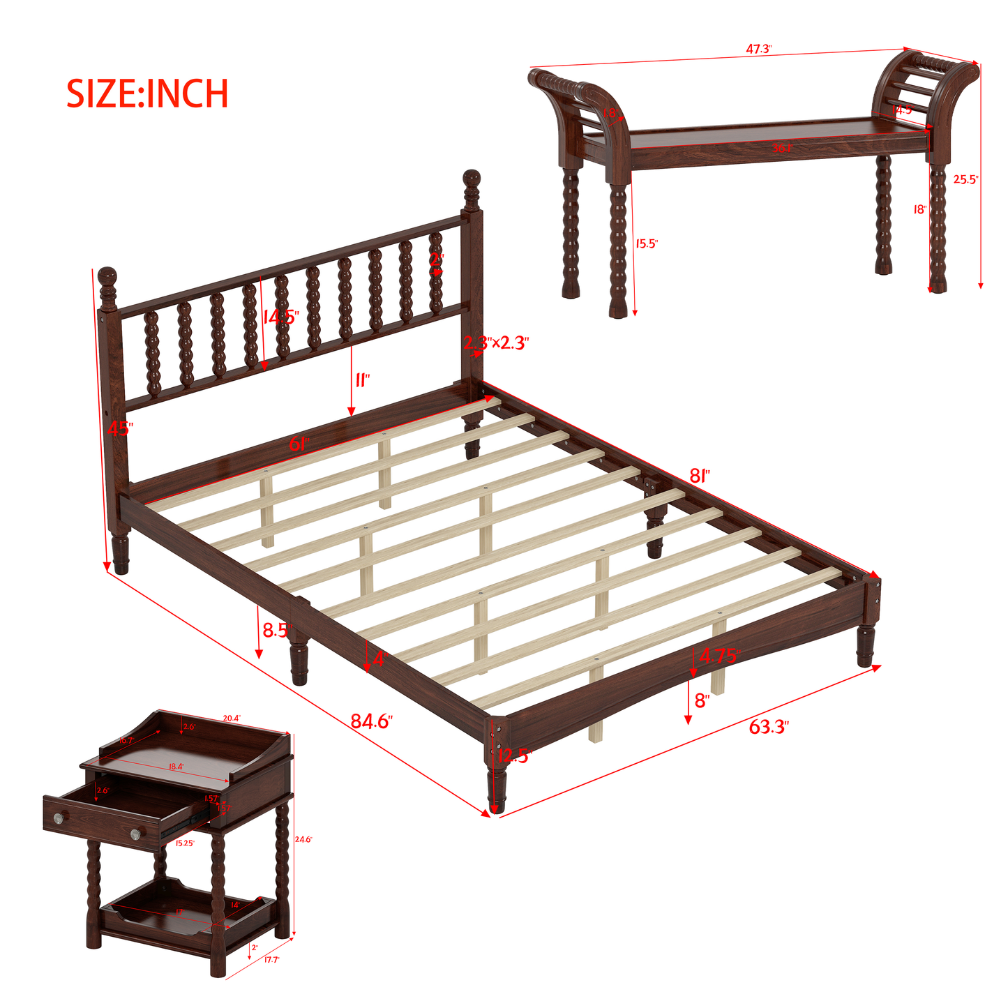 4-Pieces Retro Style Bedroom Sets, Queen Size  Bed , Walnut