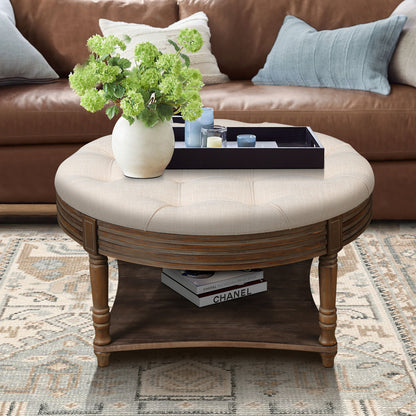 Large Round Waterproof Ottoman Upholstered Coffee Table ,Warm White