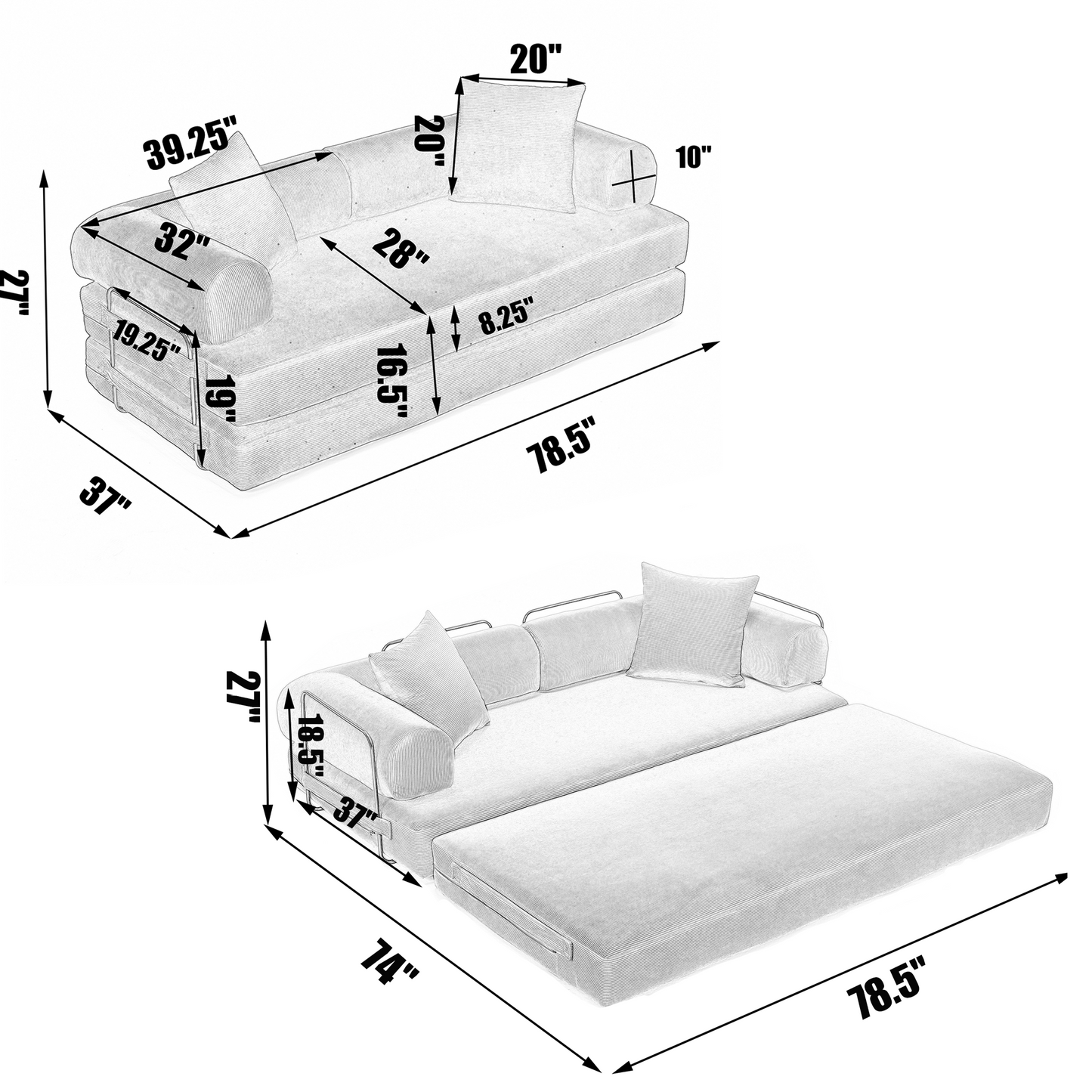 78.5" Folding Convertible Out Sleeper Sofa Bed,DIY Combination  Sofa,Grey