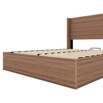 Queen Size Wooden platform bed frame with lift storage,Natural Wood