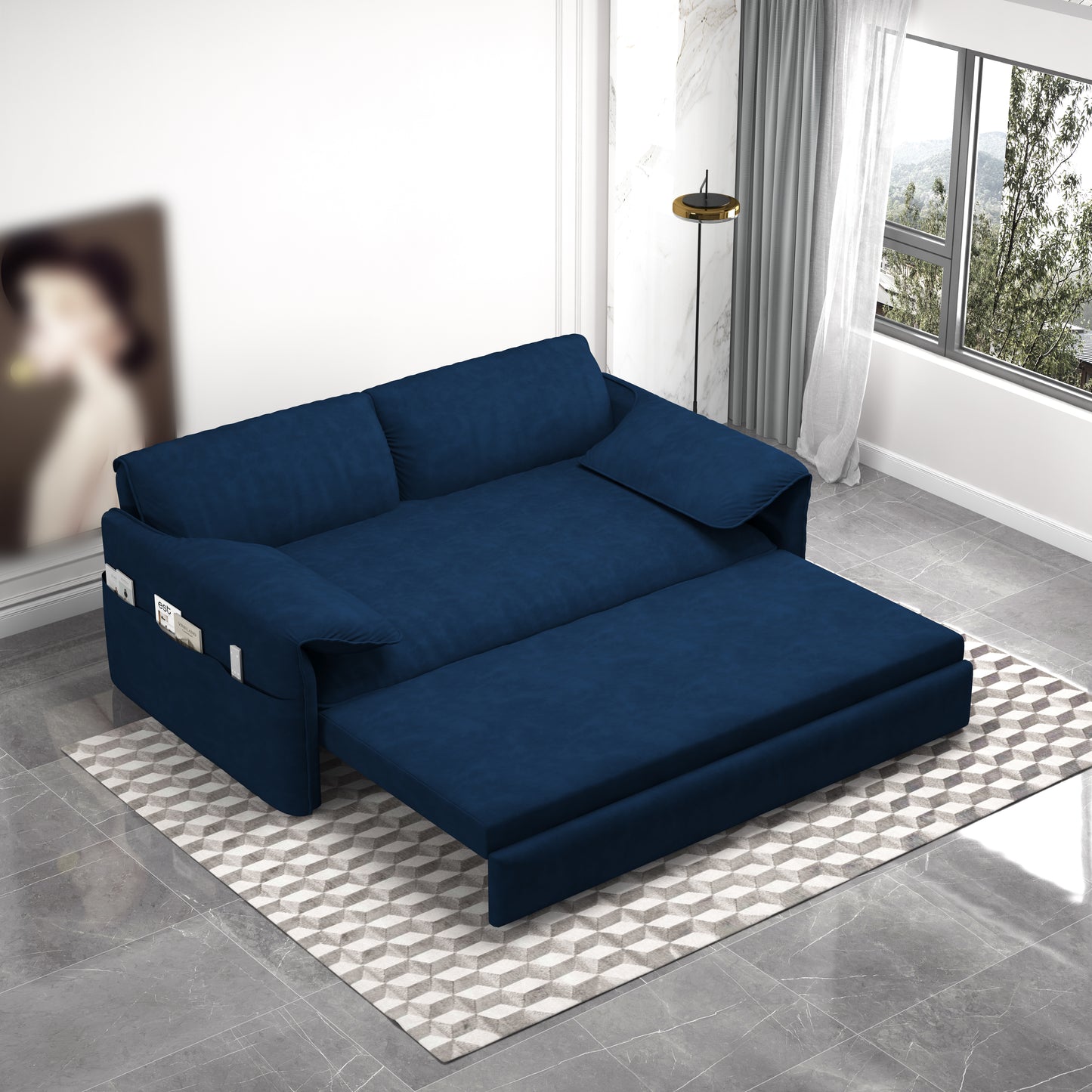 63.8" Queen Pull Out Sofa Bed,   with Side Storage, Blue