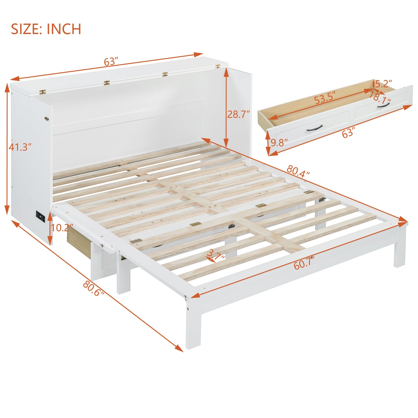 Queen Size Murphy Bed with Large Drawers, White