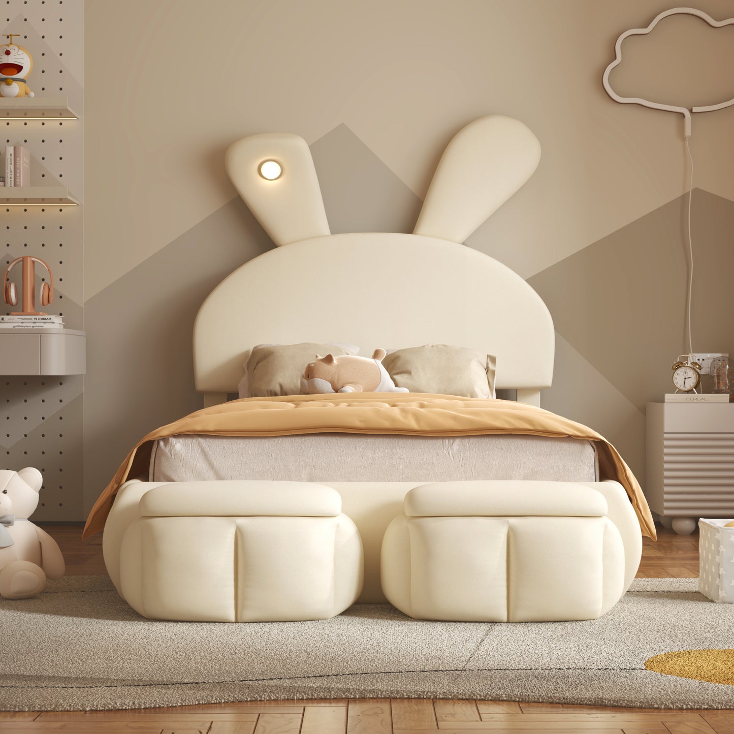 Twin Size Bed with Cartoon Ears Shaped Headboard and Light, Beige