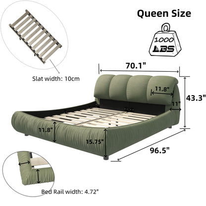 Queen Size Upholstered Platform Bed with Oversized Padded Backrest ,Green