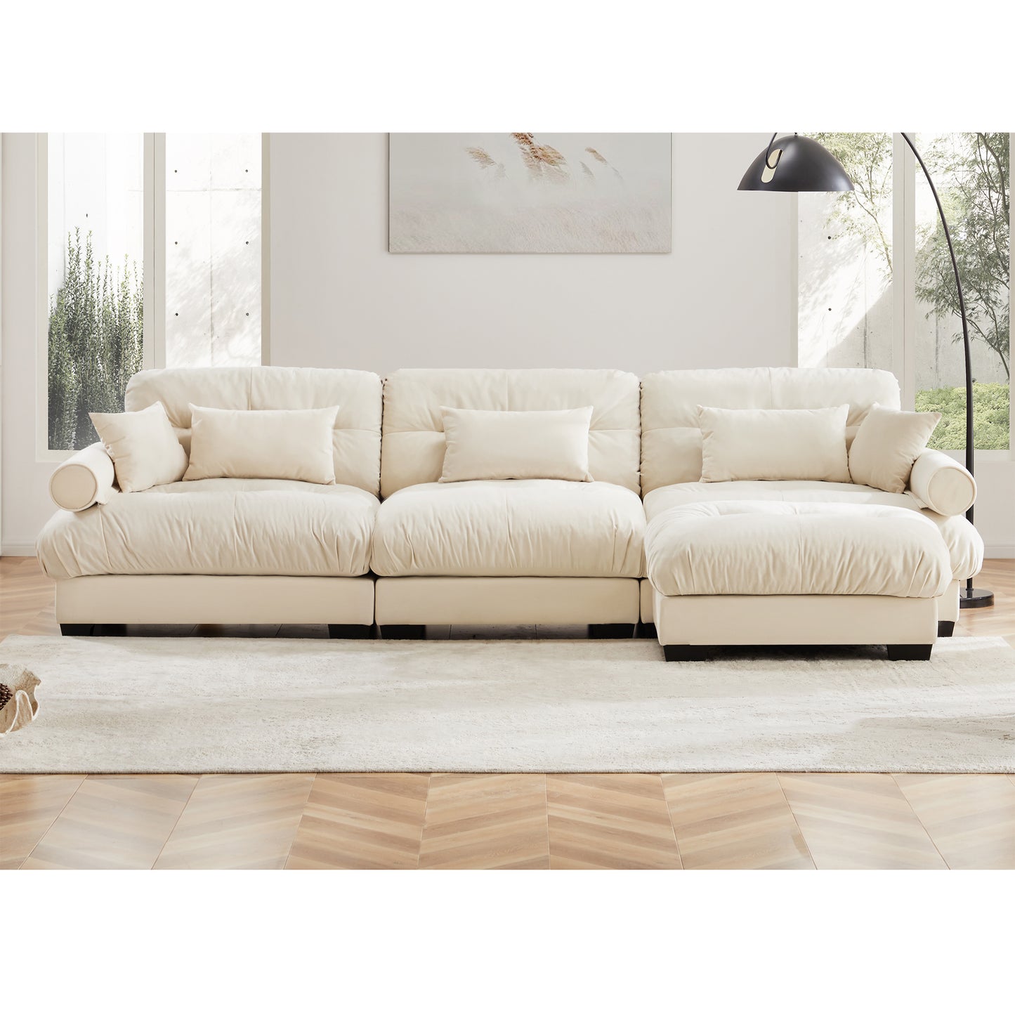 130inch L-Shaped Velvet Sectional Sofa with Ottoman,Cream