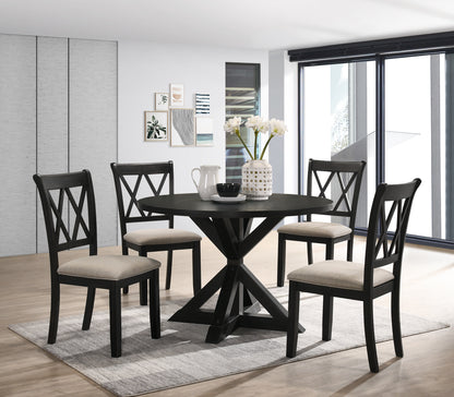 5-Piece Dining Set in Black, Solid Wood Round Table