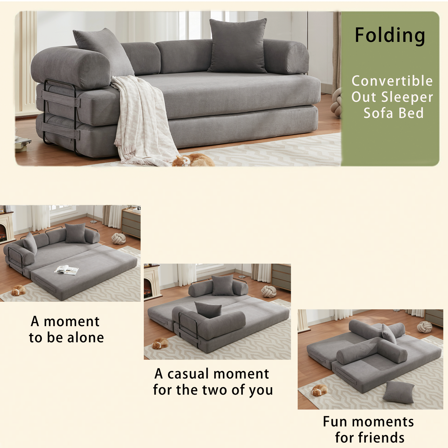 78.5" Folding Convertible Out Sleeper Sofa Bed,DIY Combination  Sofa,Grey