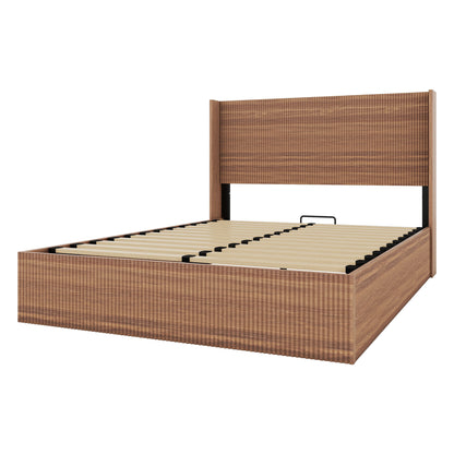 Queen Size Wooden platform bed frame with lift storage,Natural Wood